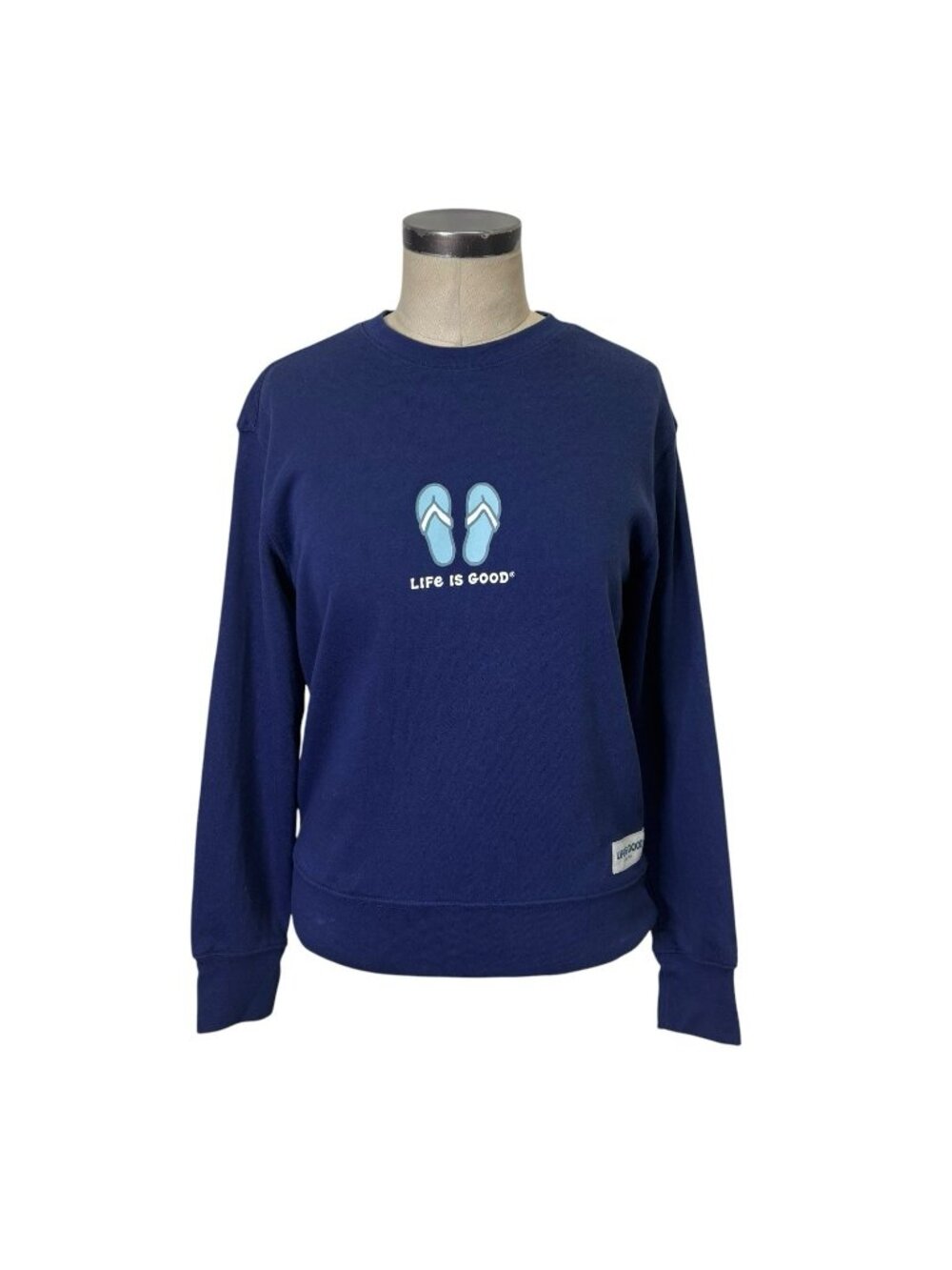 Life Is Good Sandal Graphic Sweatshirt XS Navy Blue Flip Flops